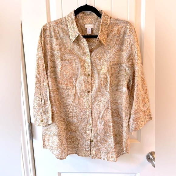 Chico's Tops - Chico's Button Down Cotton Top 3/4 Sleeve Tan Beige Paisley Size 2 12/14